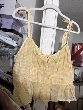 American Eagle Yellow Gingham Tie-Shoulder Ruffle Crop Top
